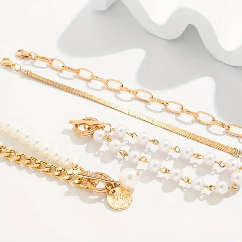 Set de Pulseras Chic Gold 4 Piezas - Serpiente, Perlas y Eslabones | Oro