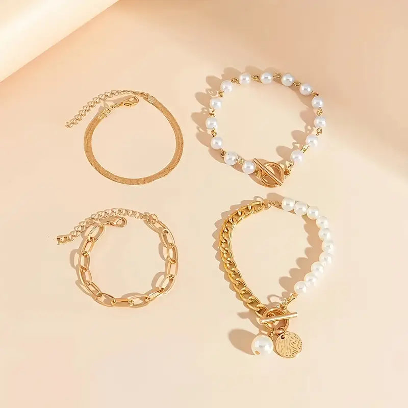 Set de Pulseras Chic Gold 4 Piezas - Serpiente, Perlas y Eslabones | Oro